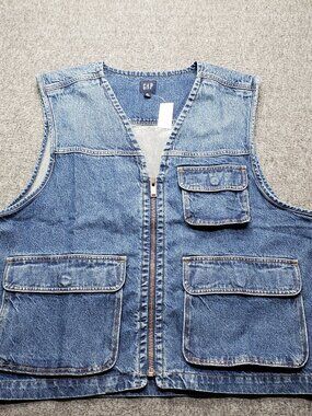 Gap Men’s Utility Denim Vest XL NWT Zip Front Cargo Pockets Workwear Dark Wash
